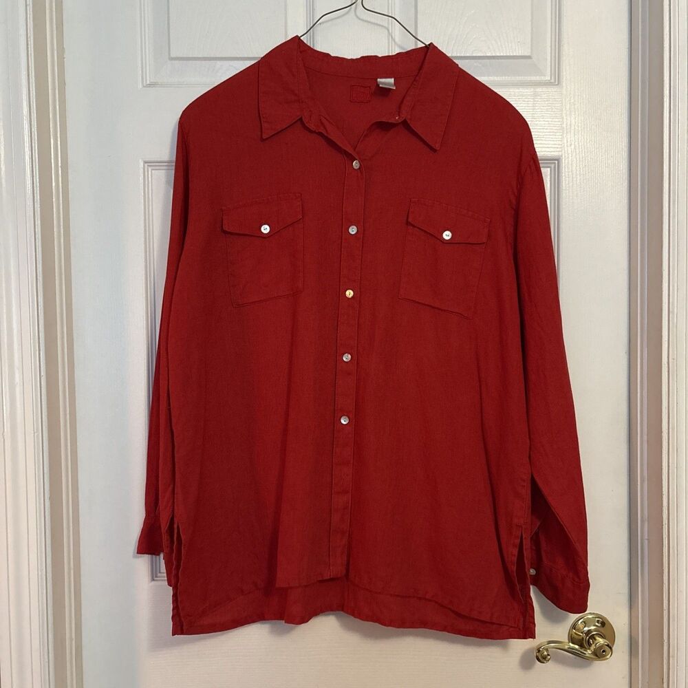 Red Linen Red Lino By Chico’s long sleeve Button Up Top Women’s,  XL XXL/ Size 3